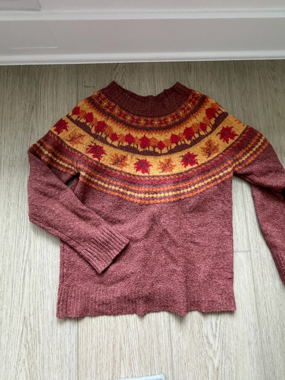 Maurices Maroon Fair Isle Yoke Sweater with Gold and Red Accents